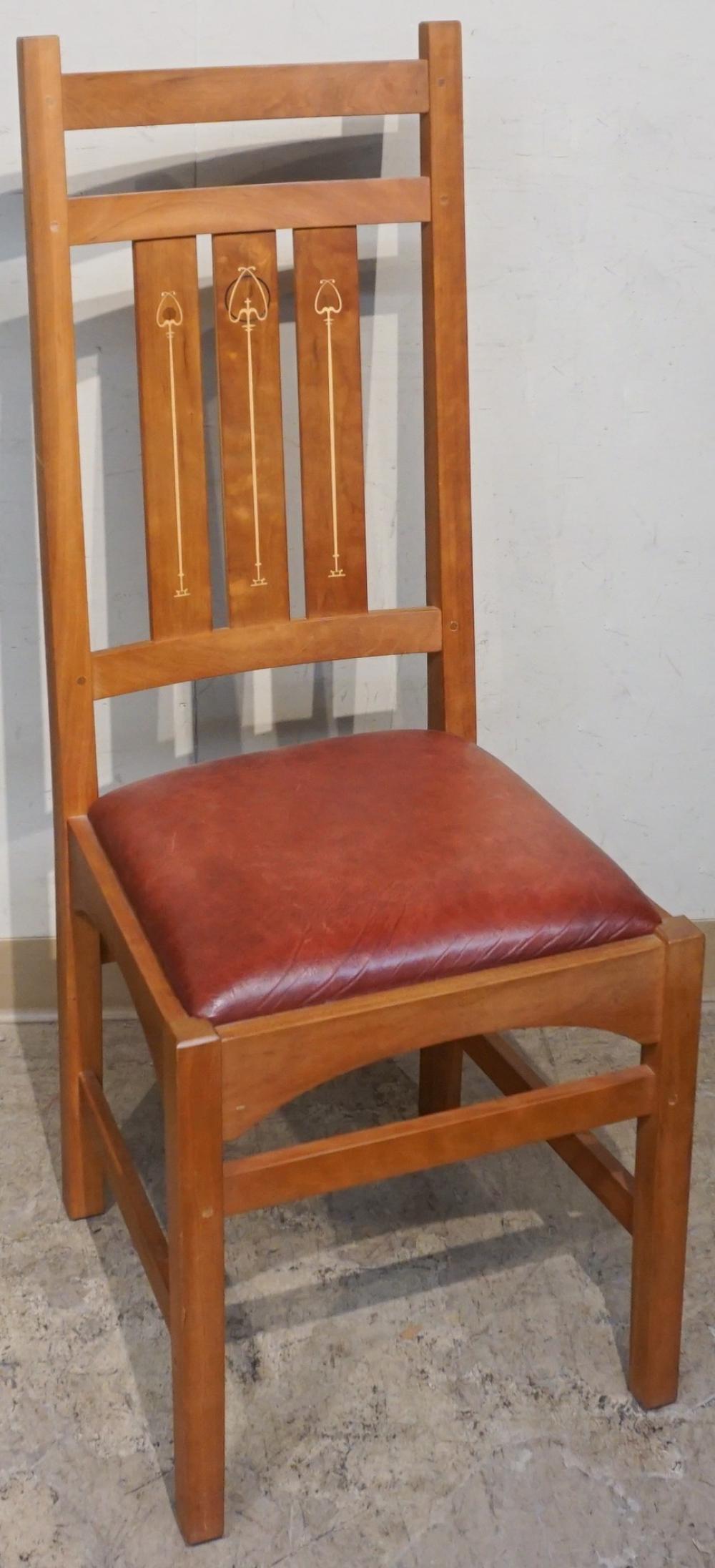 Appraisal: Stickley Inlaid Oak and Red Leather Seat Side Chair