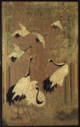 Appraisal: Large Japanese Meiji Upright Embroidered Panel depicting seven cranes in