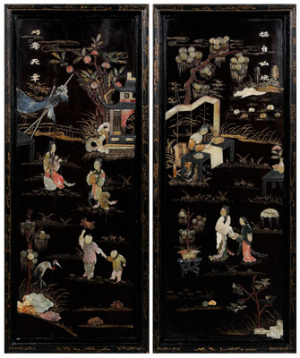 Appraisal: Pair Chinese inlaid panels softstone elements with gilt embellishment each