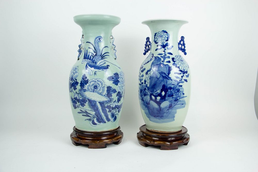 Appraisal: A Near Pair of Celadon Blue White Vases Both decorated