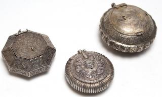 Appraisal: Silver Repousse Pill Boxes Two circular and one octagonal Largest