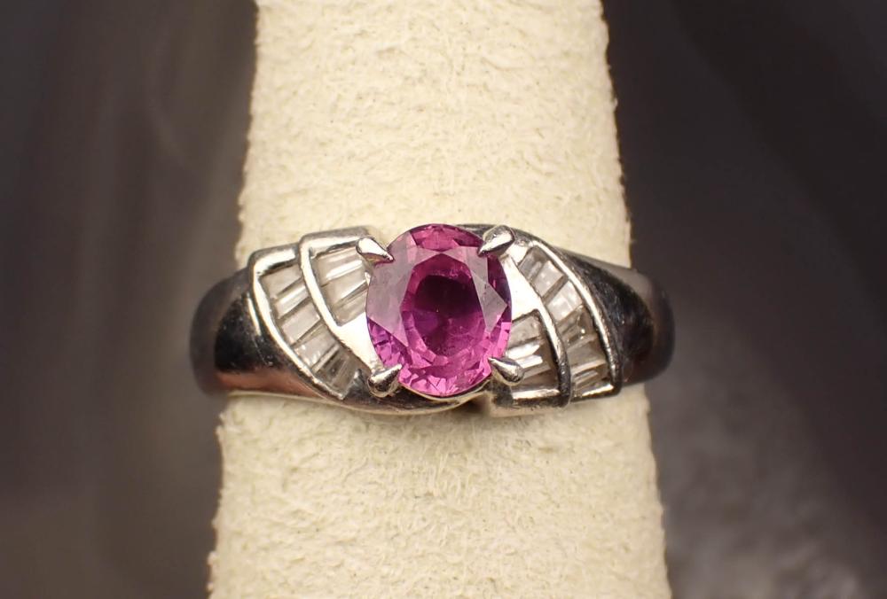 Appraisal: PINK SAPPHIRE DIAMOND AND PLATINUM RING with two rows of