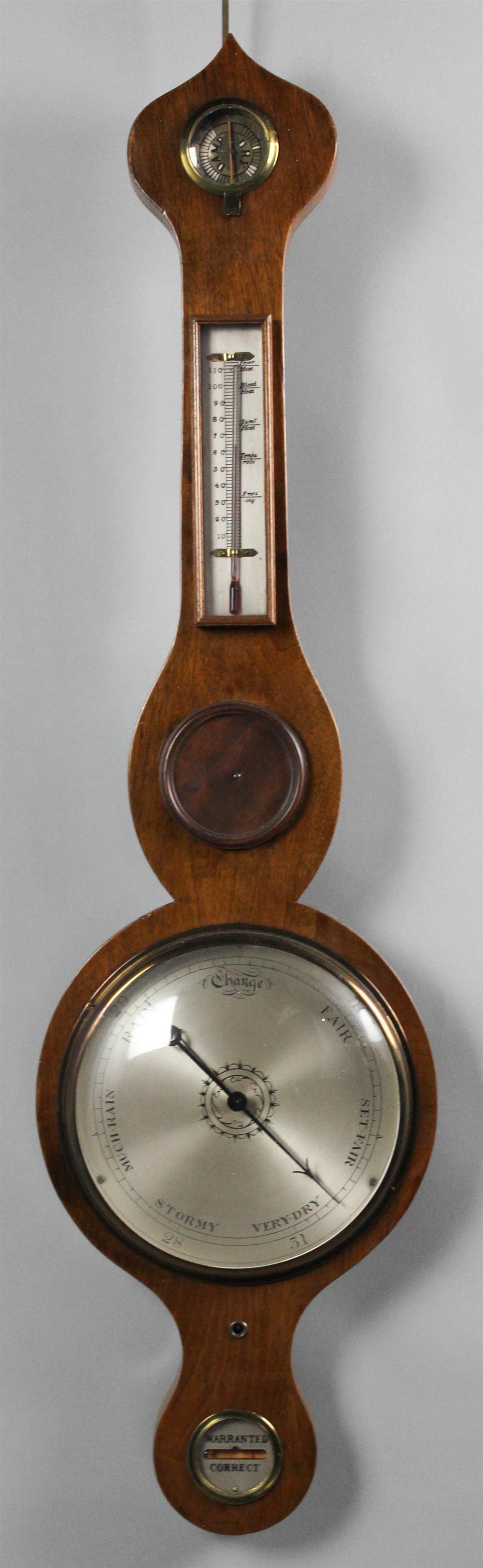 Appraisal: ENGLISH MAHOGANY BANJO BAROMETER incorporating a humidity gauge thermometer and