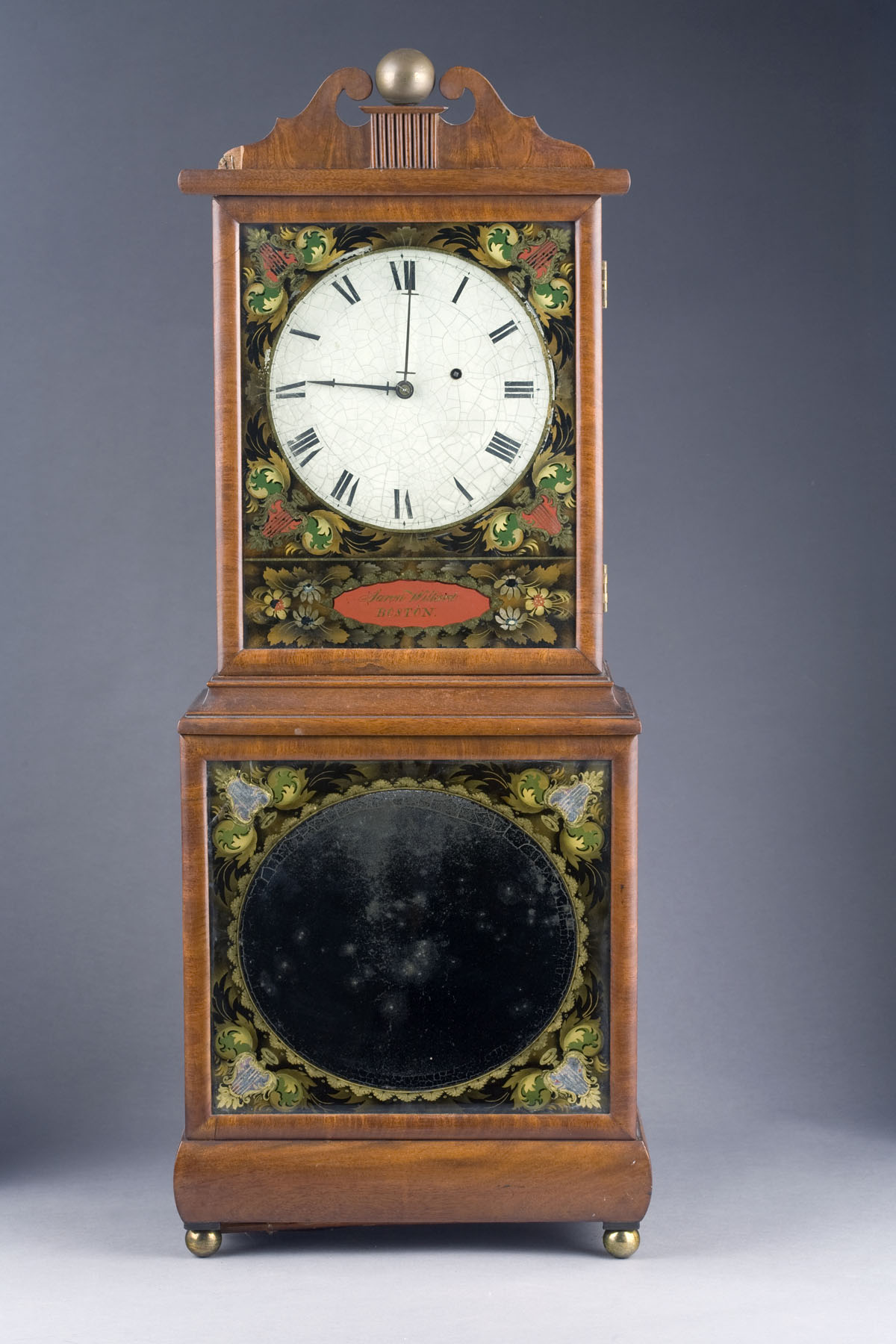 Appraisal: BOSTON MASSACHUSETTS FEDERAL MAHOGANY AND EGLOMISE SHELF CLOCK BY AARON