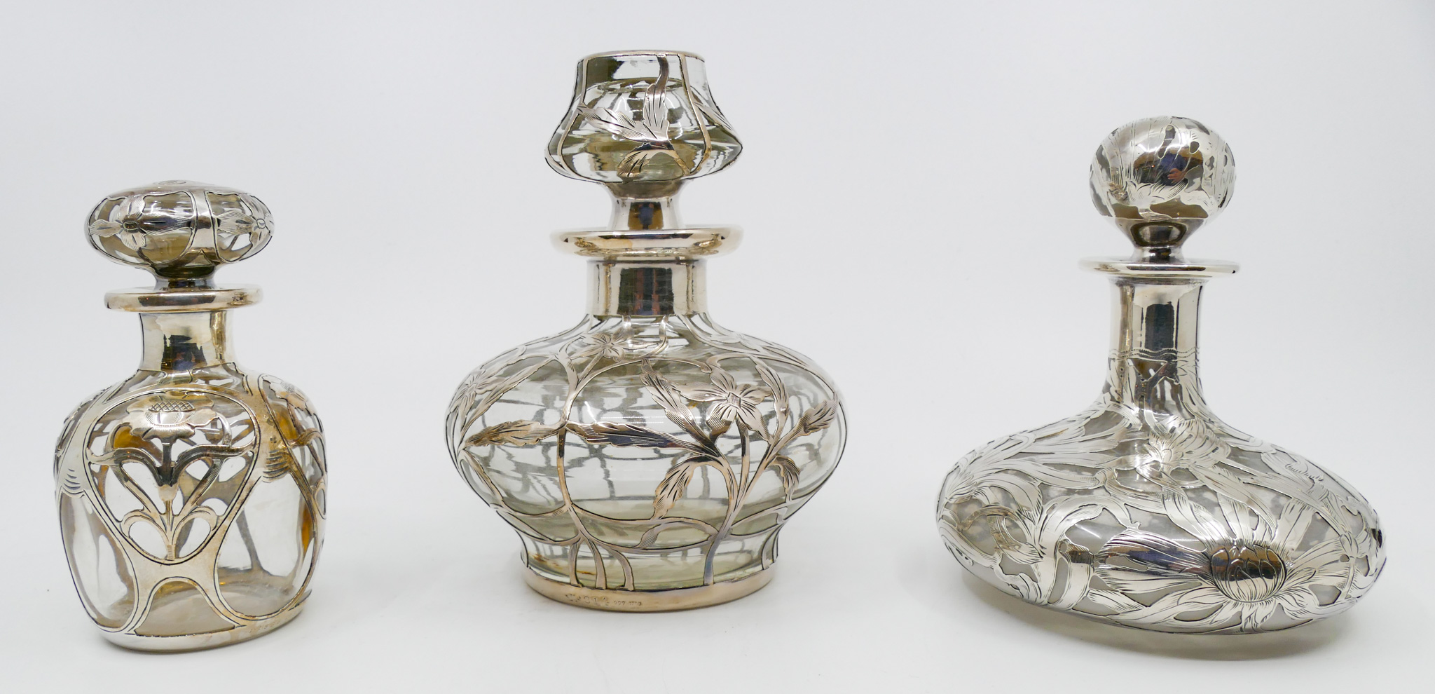 Appraisal: pc Art Nouveau Sterling Overlay Perfume Bottles '' to ''