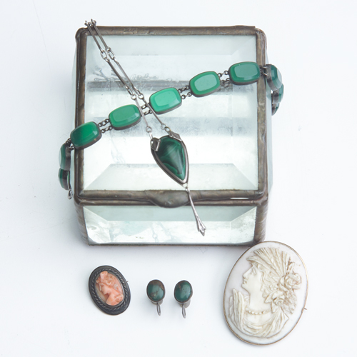 Appraisal: Jewelry group Arts and Crafts silver necklace with a malachite