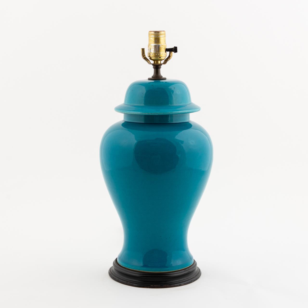 Appraisal: CHINESE TURQUOISE LIDDED URN FORM TABLE LAMP Chinese turquoise glaze