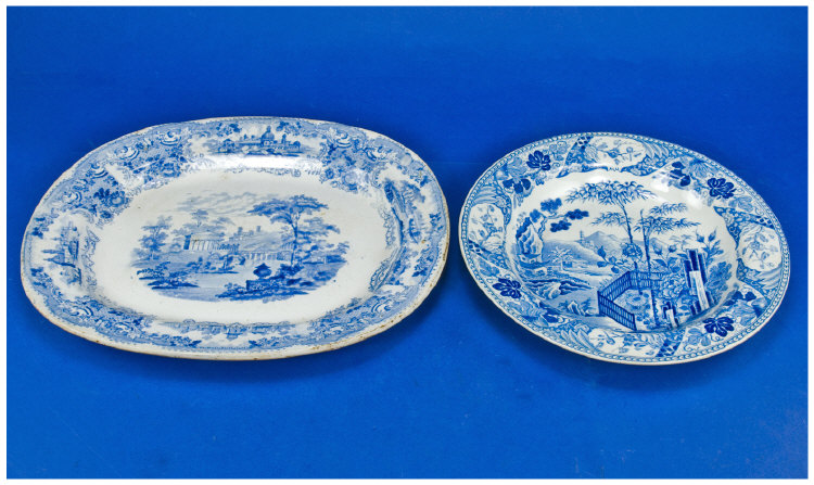 Appraisal: Blue White Meat Plate Early th Century B W Bowl