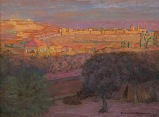 Appraisal: AMERICAN SCHOOL early th century MOUNTAIN VILLAGE AT SUNSET illegibly