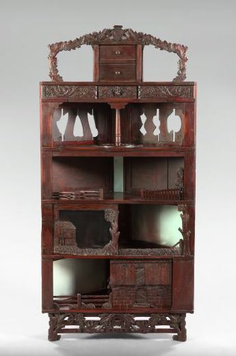 Appraisal: Unusual American Folk Art Carved Mahogany Corner Cabinet ca the