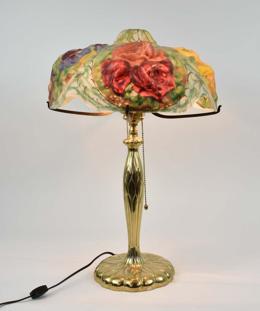 Appraisal: PAIRPOINT PUFFY REVERSE PAINTED FLOWERS LAMPThe shade SIGNED PAIRPOINT CORP