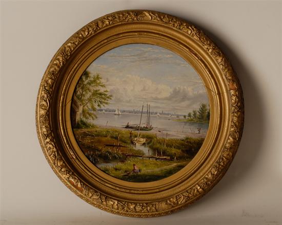 Appraisal: W R Miller Oil on Round Panel of Coastal Scene