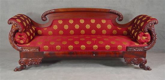 Appraisal: Walnut Classical Sofa th Century Acanthus carved arched pressed rail