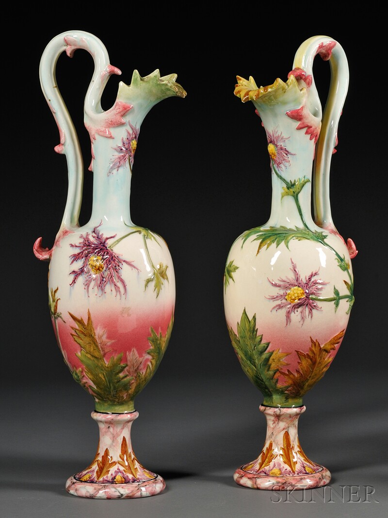 Appraisal: Pair of Massier Majolica Ewers Vallauris France late th century