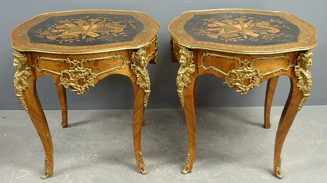 Appraisal: - Pair of Italian inlaid fruitwood tables c with brass