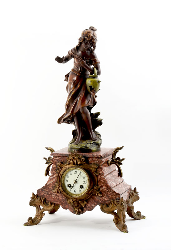 Appraisal: JAPY FRERES FRENCH FIGURAL MANTLE CLOCK Polychrome decorated cast spelter