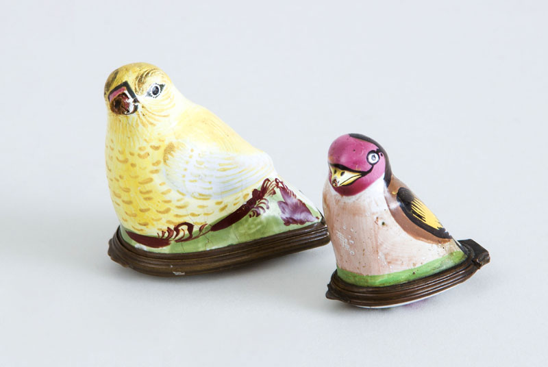 Appraisal: TWO SOUTH STAFFORDSHIRE ENAMEL BIRD-FORM SNUFF BOXES The larger a