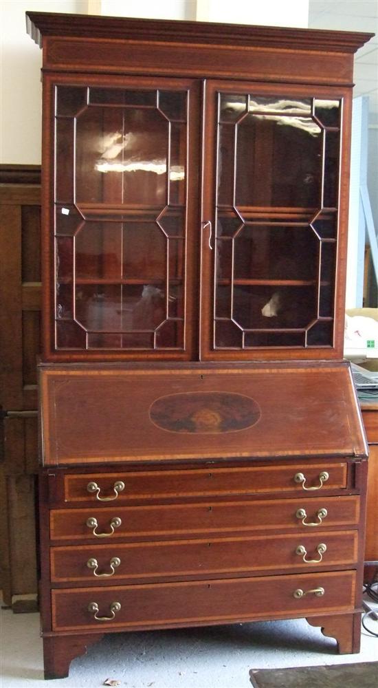 Appraisal: George III style mahogany cross branded and boxwood strung bureau