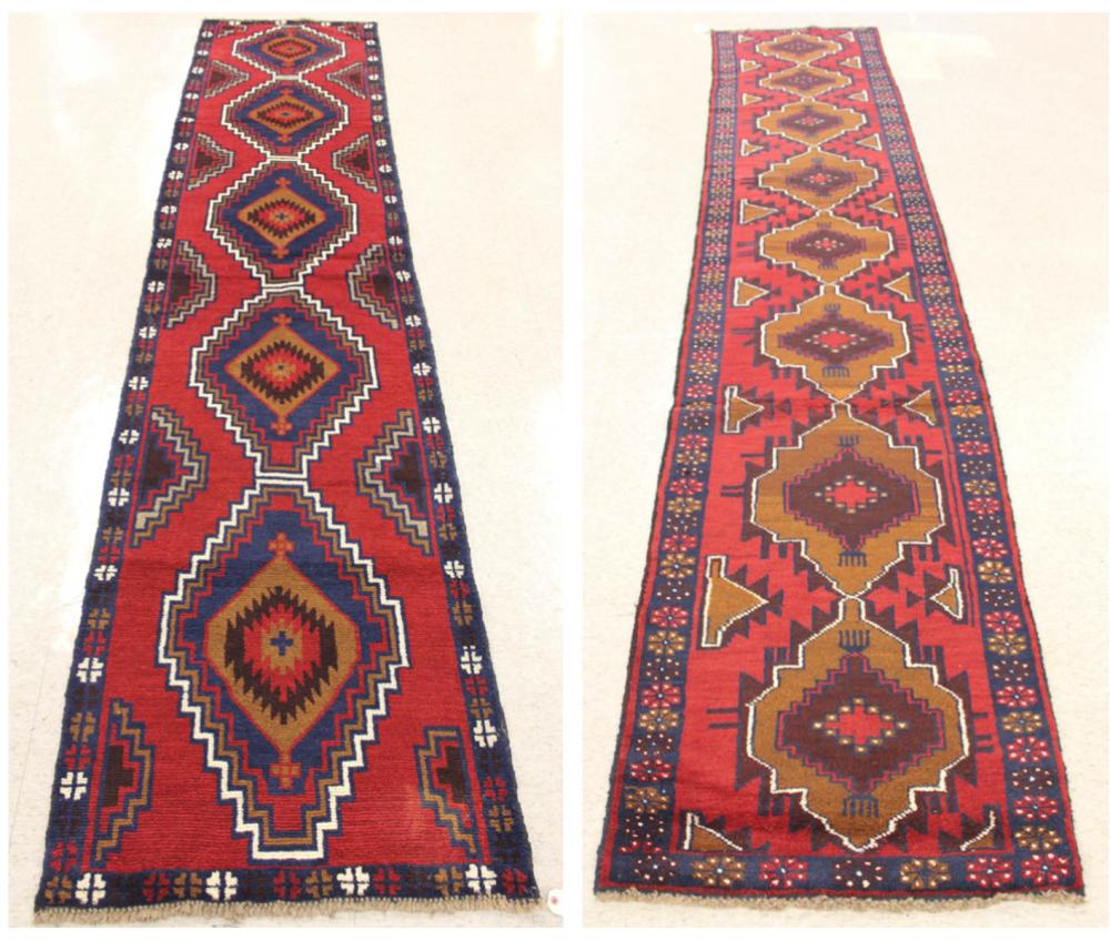 Appraisal: TWO SIMILAR HAND KNOTTED ORIENTAL RUNNERS Pakistani-Persian repeating geometric medallion