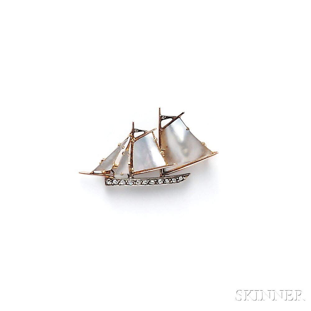 Appraisal: Antique kt Gold Mother-of-pearl and Diamond Sailboat Brooch France designed