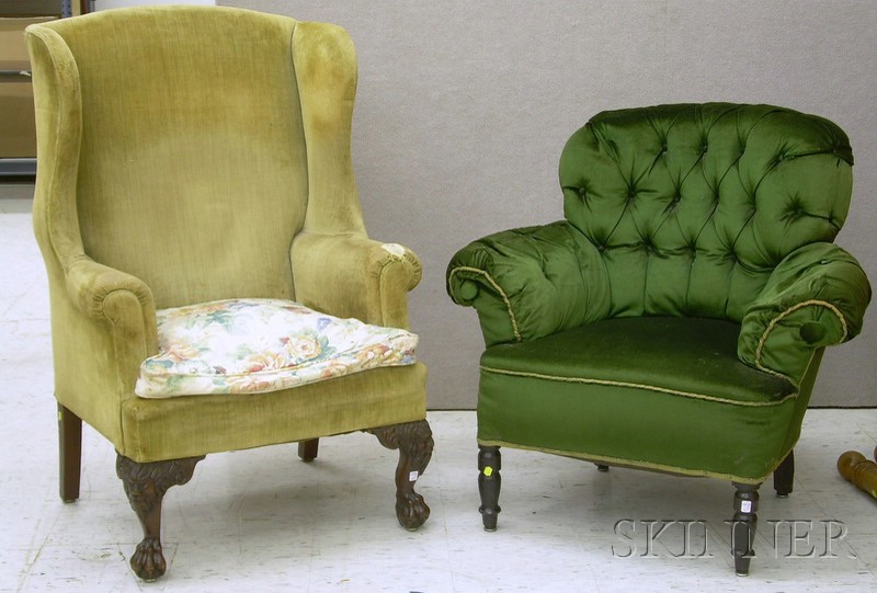 Appraisal: Chippendale-style Upholstered Carved Mahogany Wing Chair and an Edwardian Upholstered