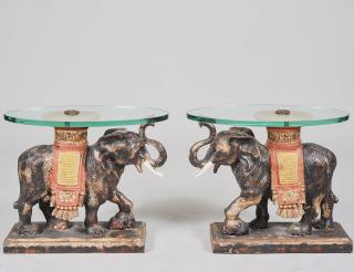 Appraisal: PAIR OF CARVED AND PAINTED WOOD ELEPHANT TABLES Each with