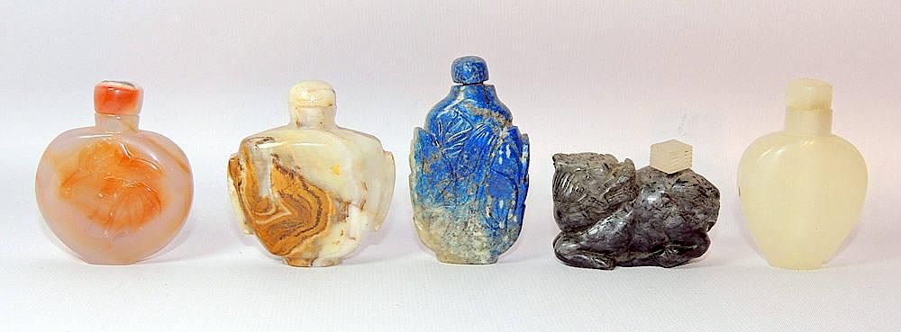 Appraisal: Grouping of Five Hardstone Snuff Bottles Grouping of five hardstone