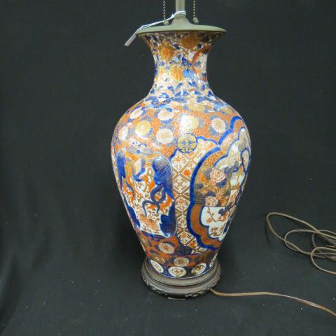 Appraisal: Japanese Imari Porcealin Lamp landscapes birds fan foliage with chrysanthemums