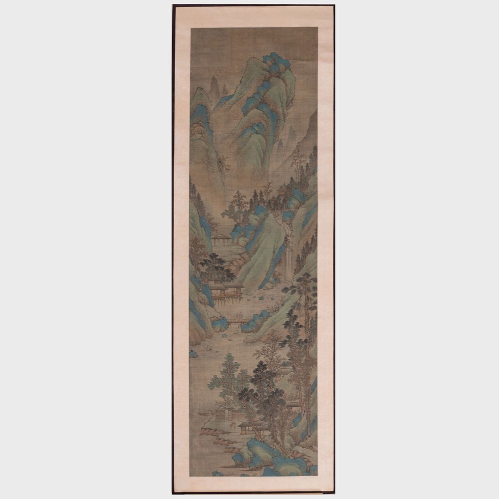 Appraisal: Pair of Chinese Scroll Painting of Mountains Ink and color