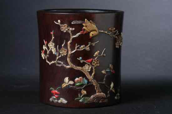 Appraisal: CHINESE ROSEWOOD SOAPSTONE INLAID BRUSH HOLDER Bird and floral decoration