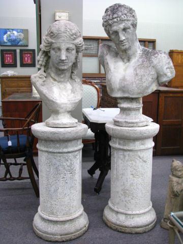 Appraisal: Two Garden Statuary Busts on Stands depicting classic figures ''