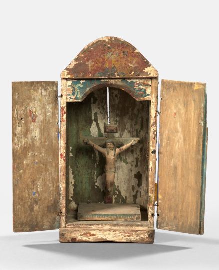 Appraisal: Spanish Colonial Folk-Painted Tabernacle fourth quarter th century containing a