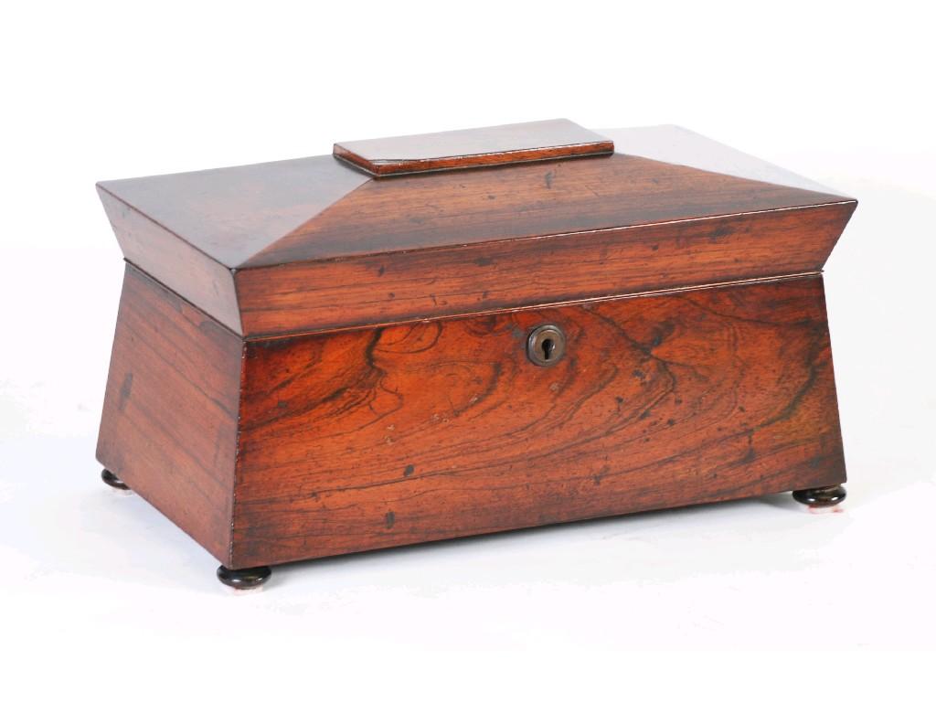 Appraisal: WILLIAM IV ROSEWOOD SARCOPHAGUS SHAPED TEA CADDY with a pair