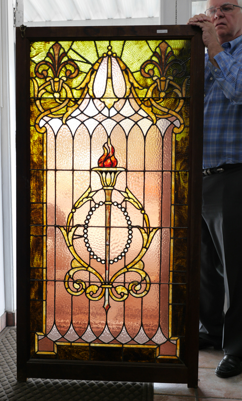 Appraisal: VINTAGE LARGE FRAMED LEADED GLASS WINDOW Window design with stylized