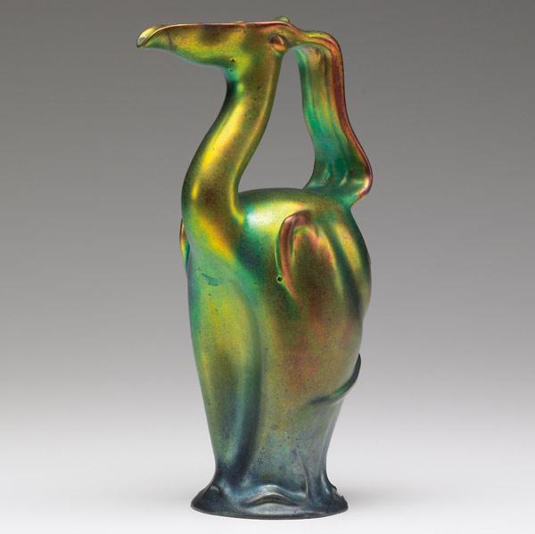 Appraisal: ZSOLNAY Unusual pelican-shaped pitcher in polychrome Eosin glaze Small chip