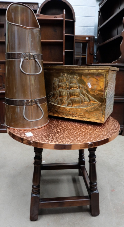 Appraisal: Copper topped oak table brass coal box and bucket