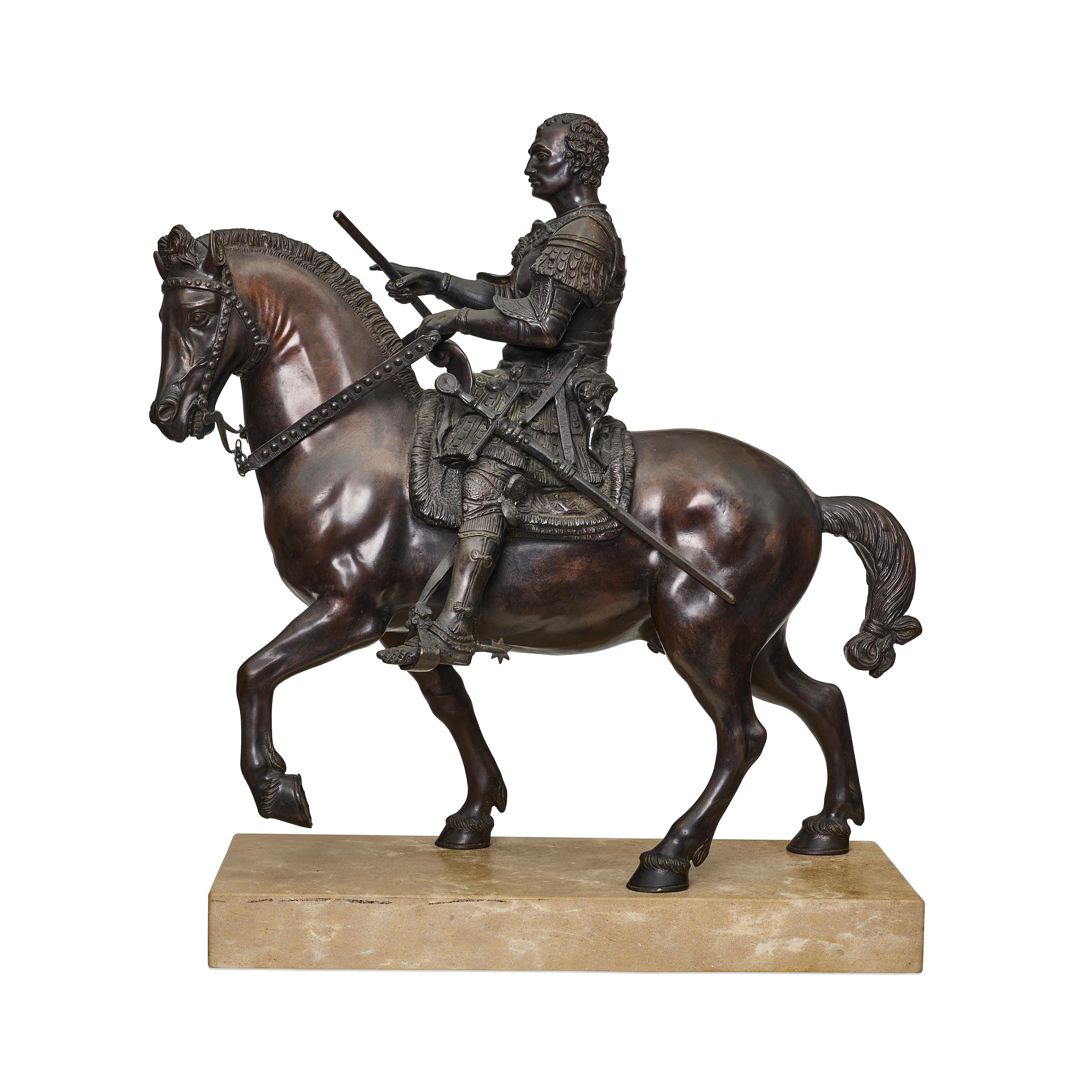 Appraisal: A PATINATED BRONZE EQUESTRIAN STATUE OF AUGUSTUS On a marble