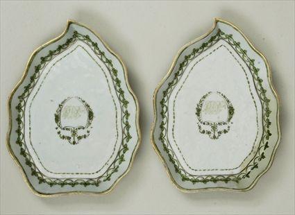 Appraisal: Two Chinese Export Porcelain Leaf-Shaped Dishes Repaired x in