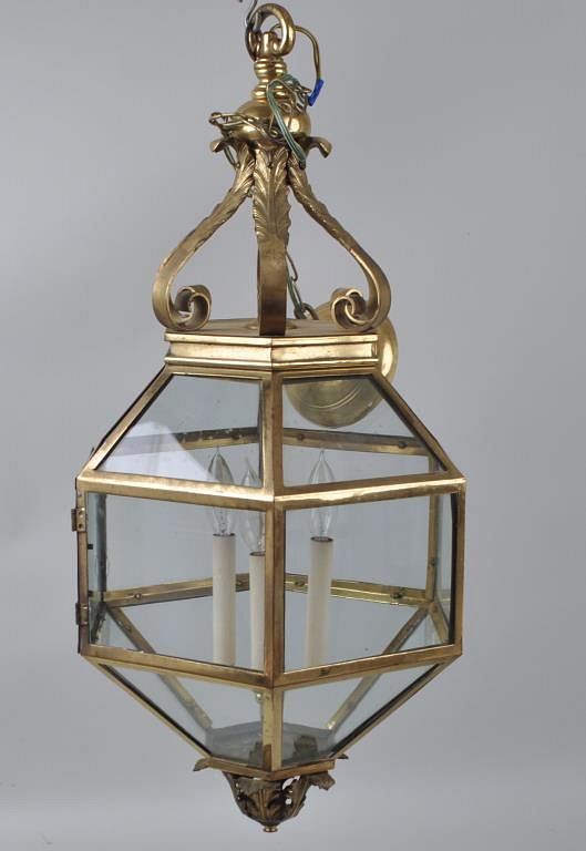 Appraisal: Antique Brass Glass Three Light Hall Lantern six sided with