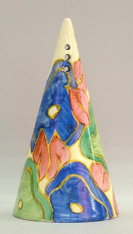 Appraisal: Blue Chintz' Fantasque Bizarre conical sugar sifter high