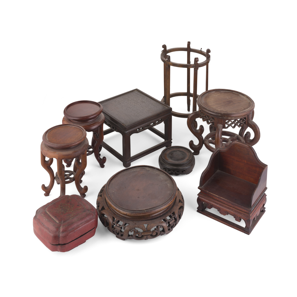 Appraisal: COLLECTION OF CARVED HARDWOOD STANDS comprising eight wood stands of