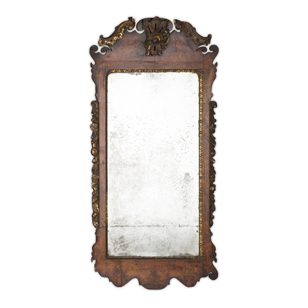 Appraisal: GEORGE II WALNUT AND PARCEL GILT MIRROR CIRCA the rectangular