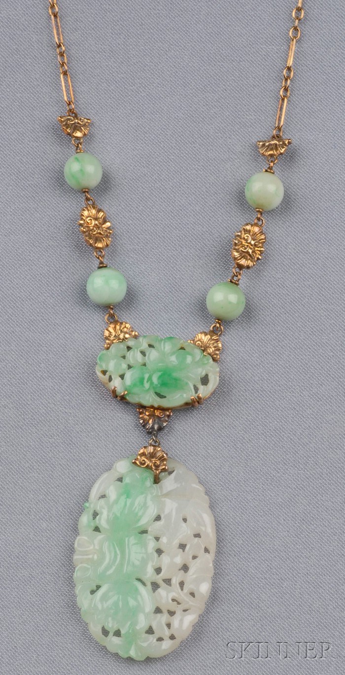 Appraisal: kt Gold and Jadeite Necklace the carved jadeite pendants suspended