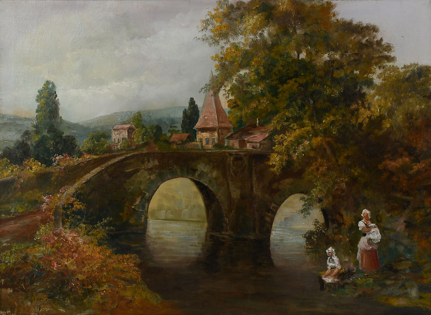 Appraisal: LARGE EUROPEAN LANDSCAPE PAINTING WITH WASHER WOMAN AND STONE BRIDGE