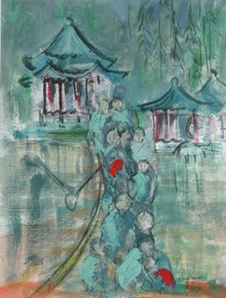 Appraisal: Elaine Haxton - Figures and Pagoda mixed media on paper