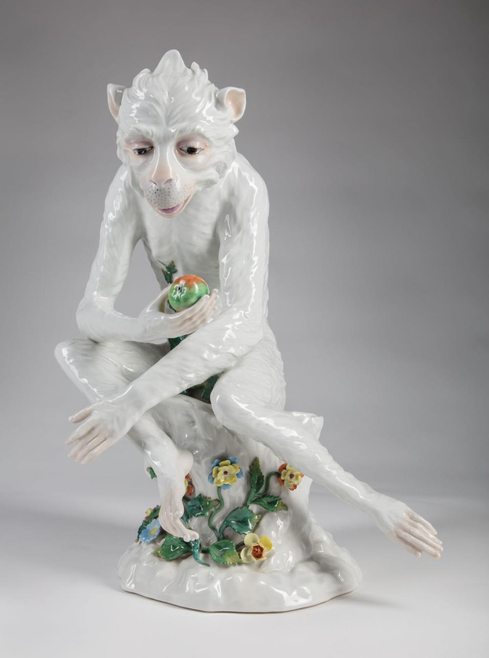 Appraisal: Dresden Glazed Porcelain Figure of a Monkey marked modeled seated