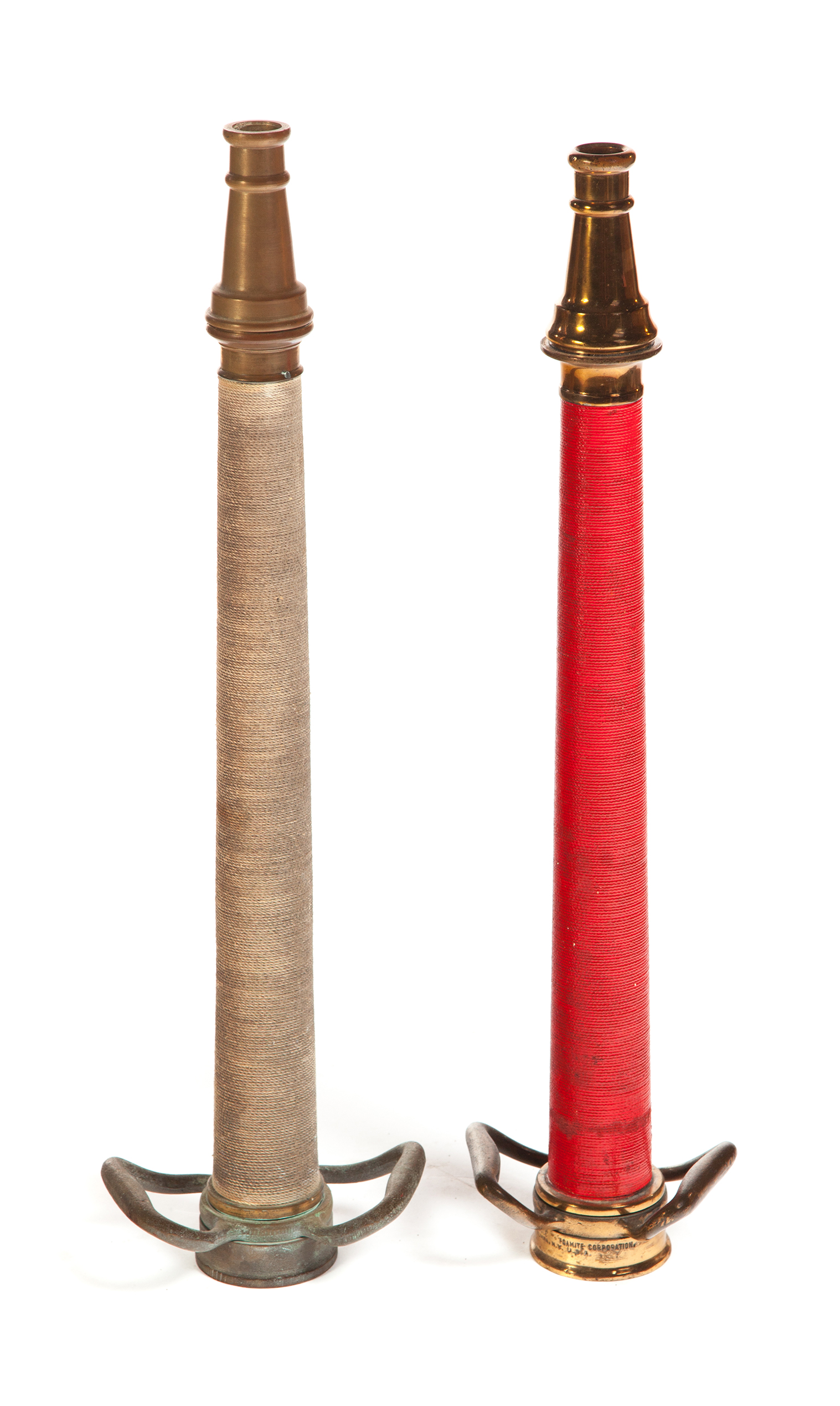 Appraisal: TWO AMERICAN BRASS FIRE HOSE NOZZLES Twentieth century Cord wrapped