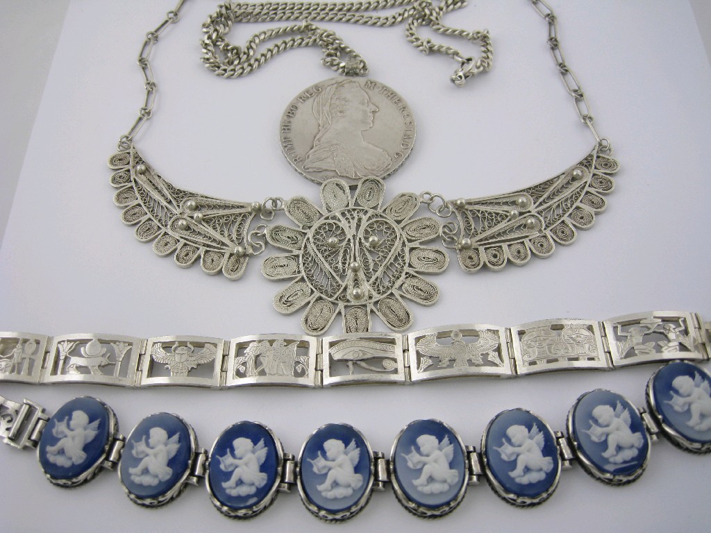 Appraisal: A Continental silver Filigree Necklace an Egyptian silver Bracelet the