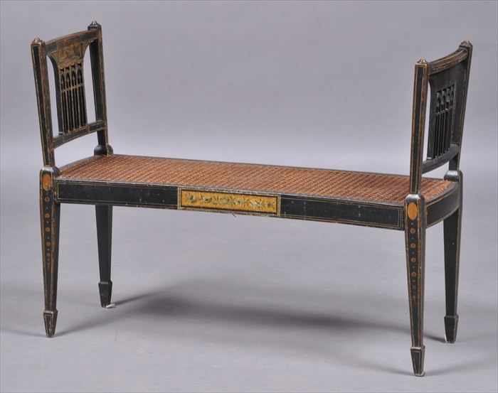 Appraisal: GEORGE III BLACK-PAINTED WINDOW BENCH WITH CANED SEAT The concave-fronted