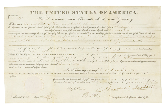 Appraisal: JACKSON ANDREW Partly-printed vellum Document Signed as President granting eighty